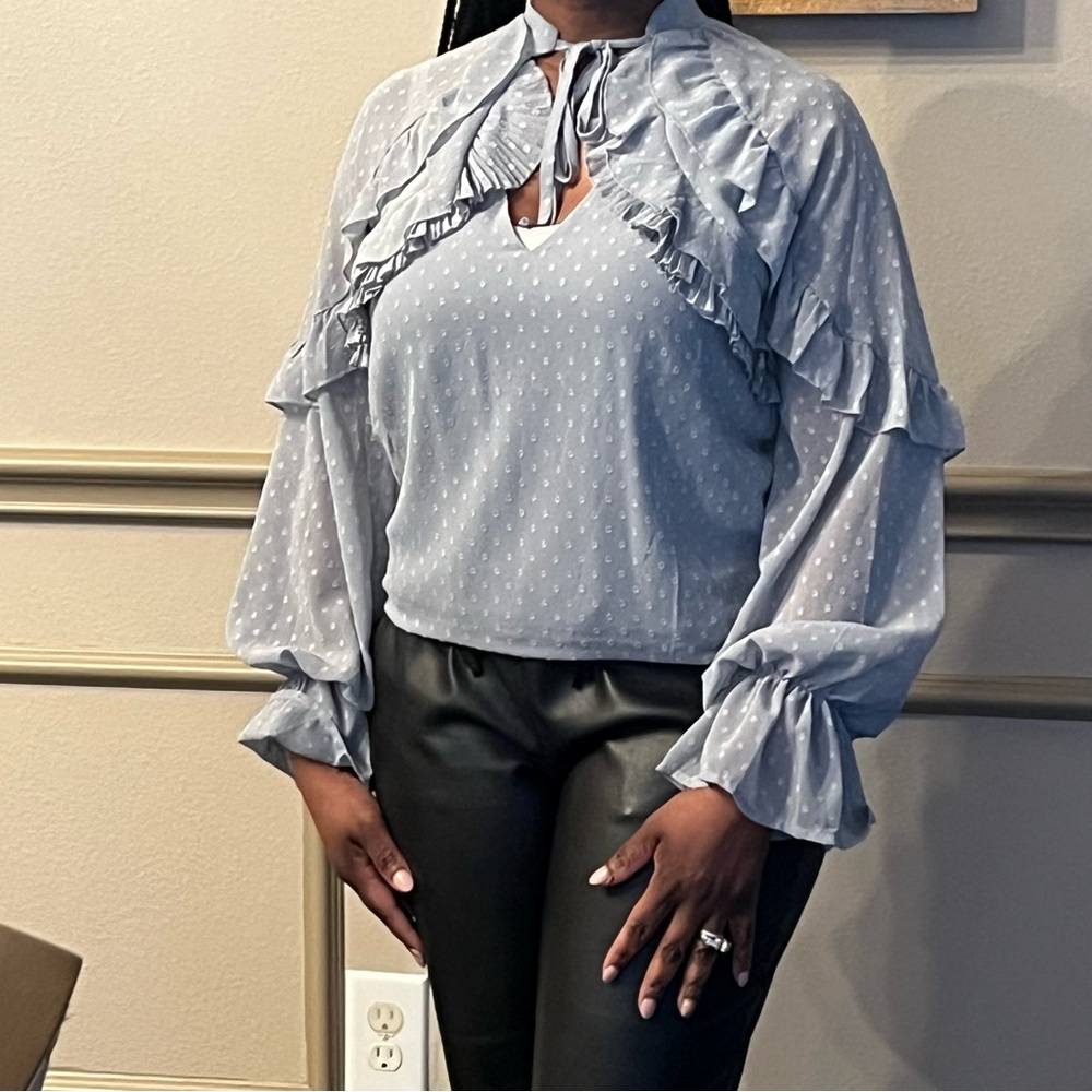 Brand New - Soft blue long-sleeve top with soft ruffles